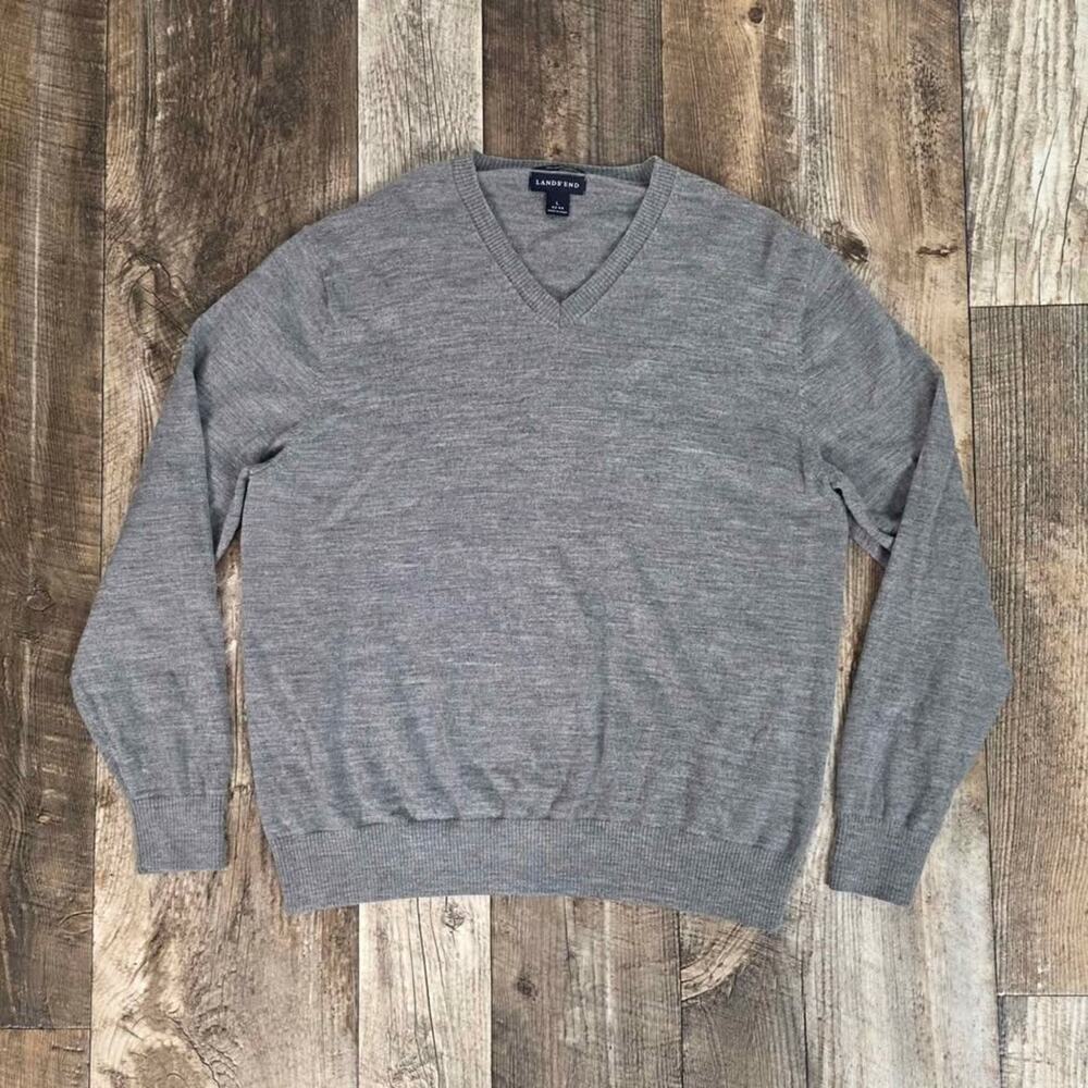 Lands' End Mens Merino Wool V Neck Sweater Gray Pullover Size Large 42-44